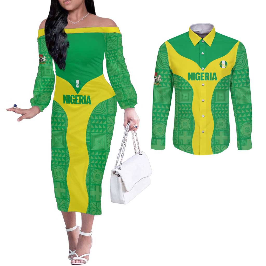 Custom Nigeria Cricket Couples Matching Off The Shoulder Long Sleeve Dress and Long Sleeve Button Shirt Go Yellow Greens - Wonder Print Shop