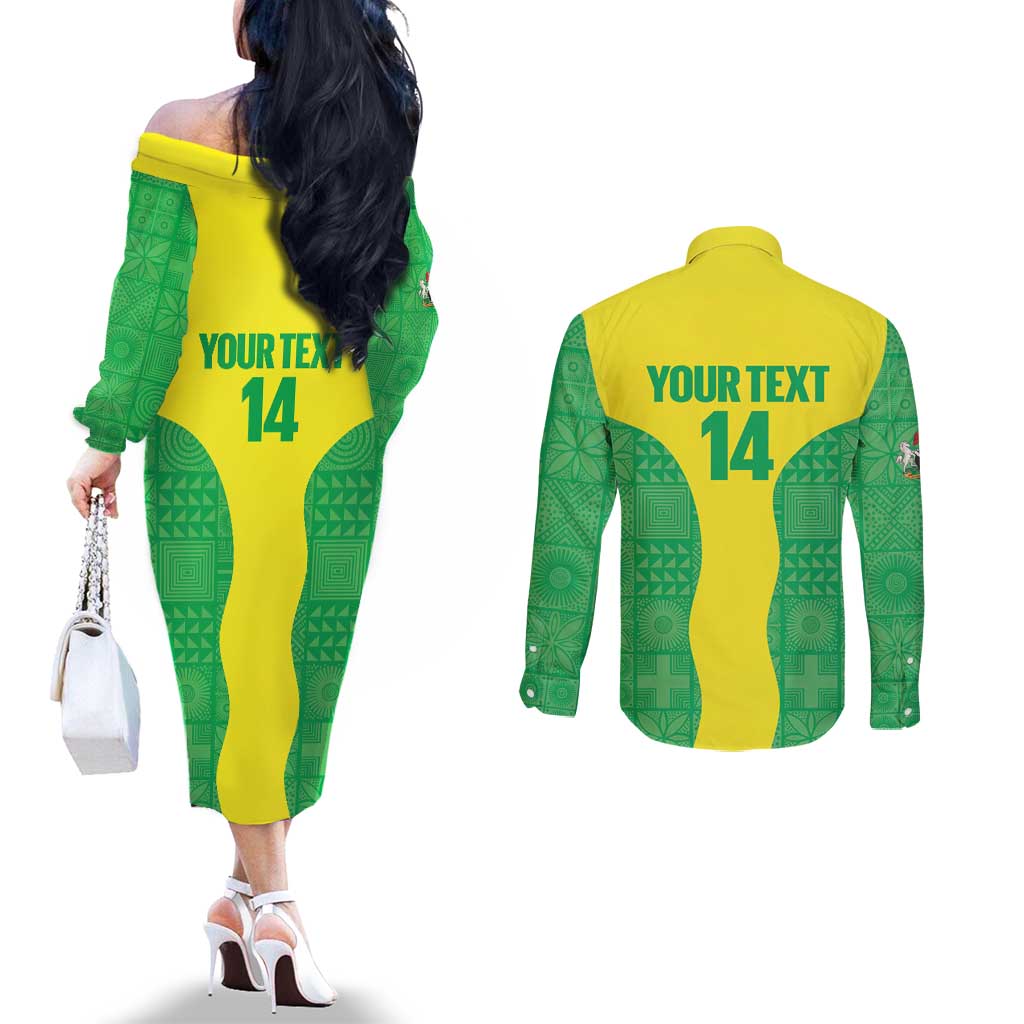 Custom Nigeria Cricket Couples Matching Off The Shoulder Long Sleeve Dress and Long Sleeve Button Shirt Go Yellow Greens - Wonder Print Shop
