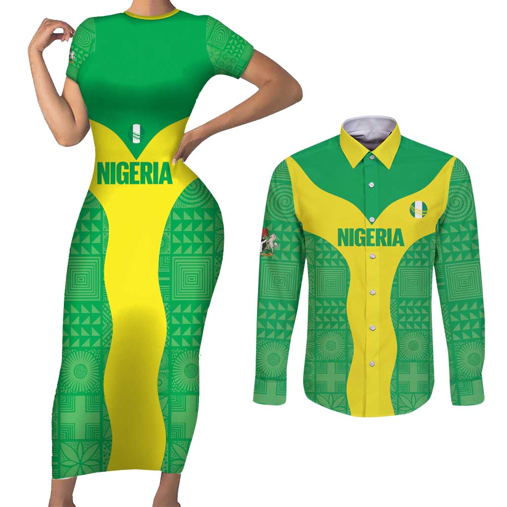Custom Nigeria Cricket Couples Matching Short Sleeve Bodycon Dress and Long Sleeve Button Shirt Go Yellow Greens - Wonder Print Shop