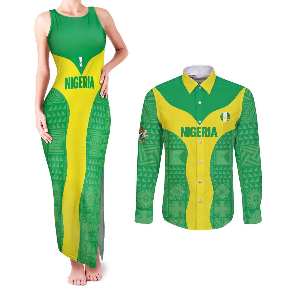 Custom Nigeria Cricket Couples Matching Tank Maxi Dress and Long Sleeve Button Shirt Go Yellow Greens - Wonder Print Shop