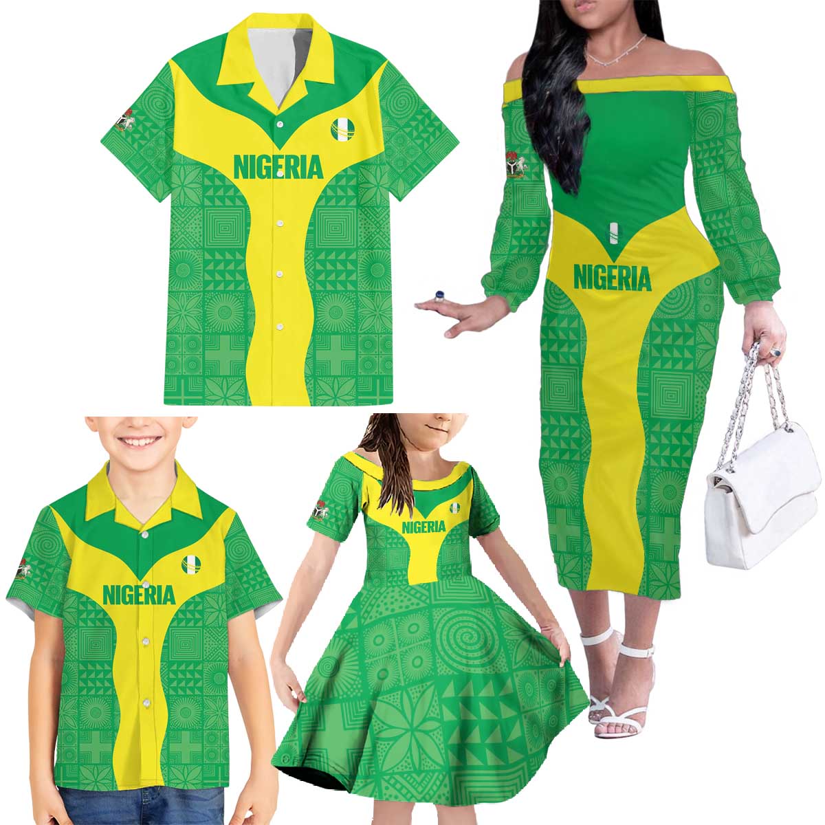 Custom Nigeria Cricket Family Matching Off The Shoulder Long Sleeve Dress and Hawaiian Shirt Go Yellow Greens - Wonder Print Shop