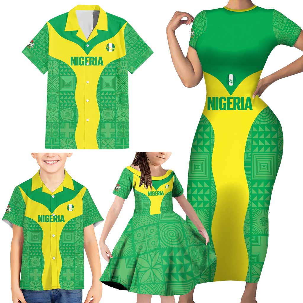 Custom Nigeria Cricket Family Matching Short Sleeve Bodycon Dress and Hawaiian Shirt Go Yellow Greens - Wonder Print Shop