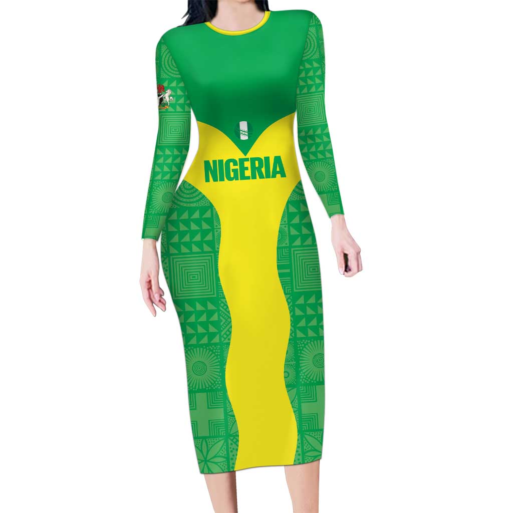 Custom Nigeria Cricket Long Sleeve Bodycon Dress Go Yellow Greens - Wonder Print Shop