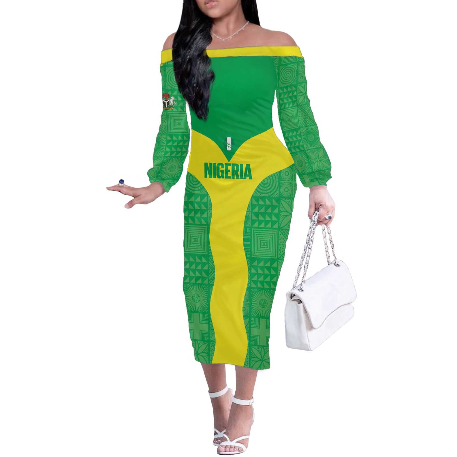Custom Nigeria Cricket Off The Shoulder Long Sleeve Dress Go Yellow Greens - Wonder Print Shop