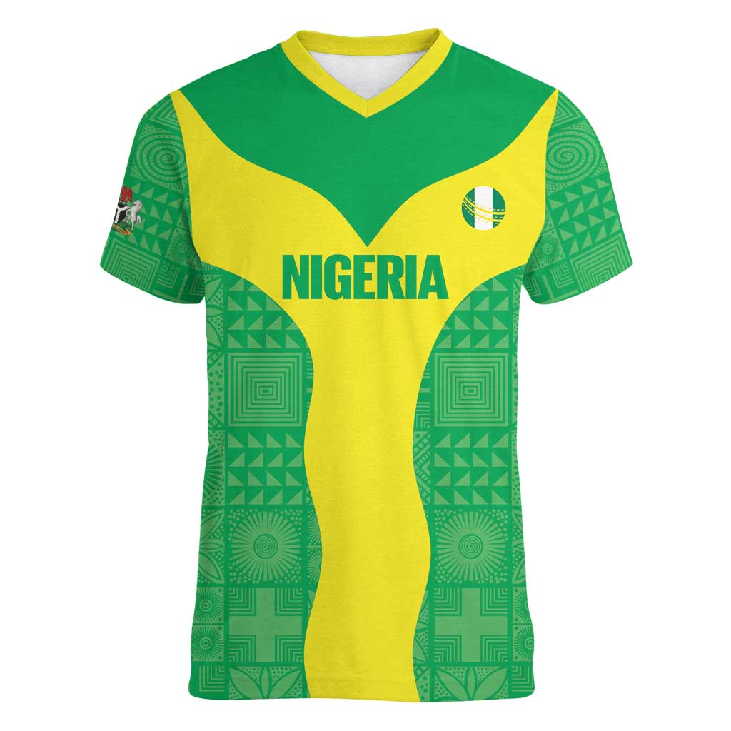 Custom Nigeria Cricket Women V-Neck T-Shirt Go Yellow Greens - Wonder Print Shop