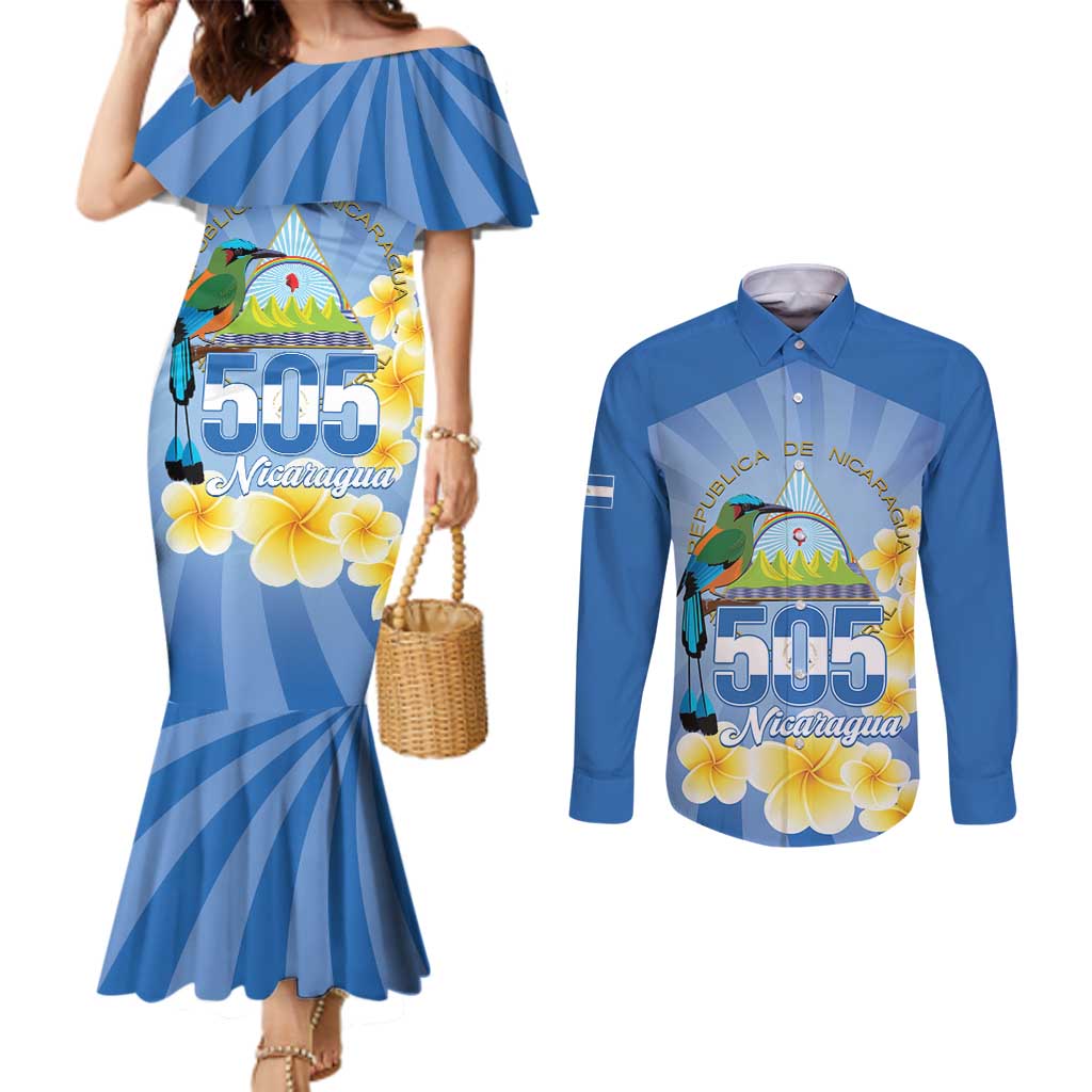 Personalized Nicaragua Independence Day Couples Matching Mermaid Dress and Long Sleeve Button Shirt 505 Proud Guardabarranco Sacuanjoche - Wonder Print Shop