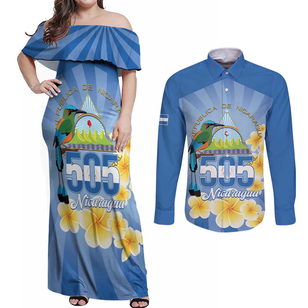 Personalized Nicaragua Independence Day Couples Matching Off Shoulder Maxi Dress and Long Sleeve Button Shirt 505 Proud Guardabarranco Sacuanjoche - Wonder Print Shop