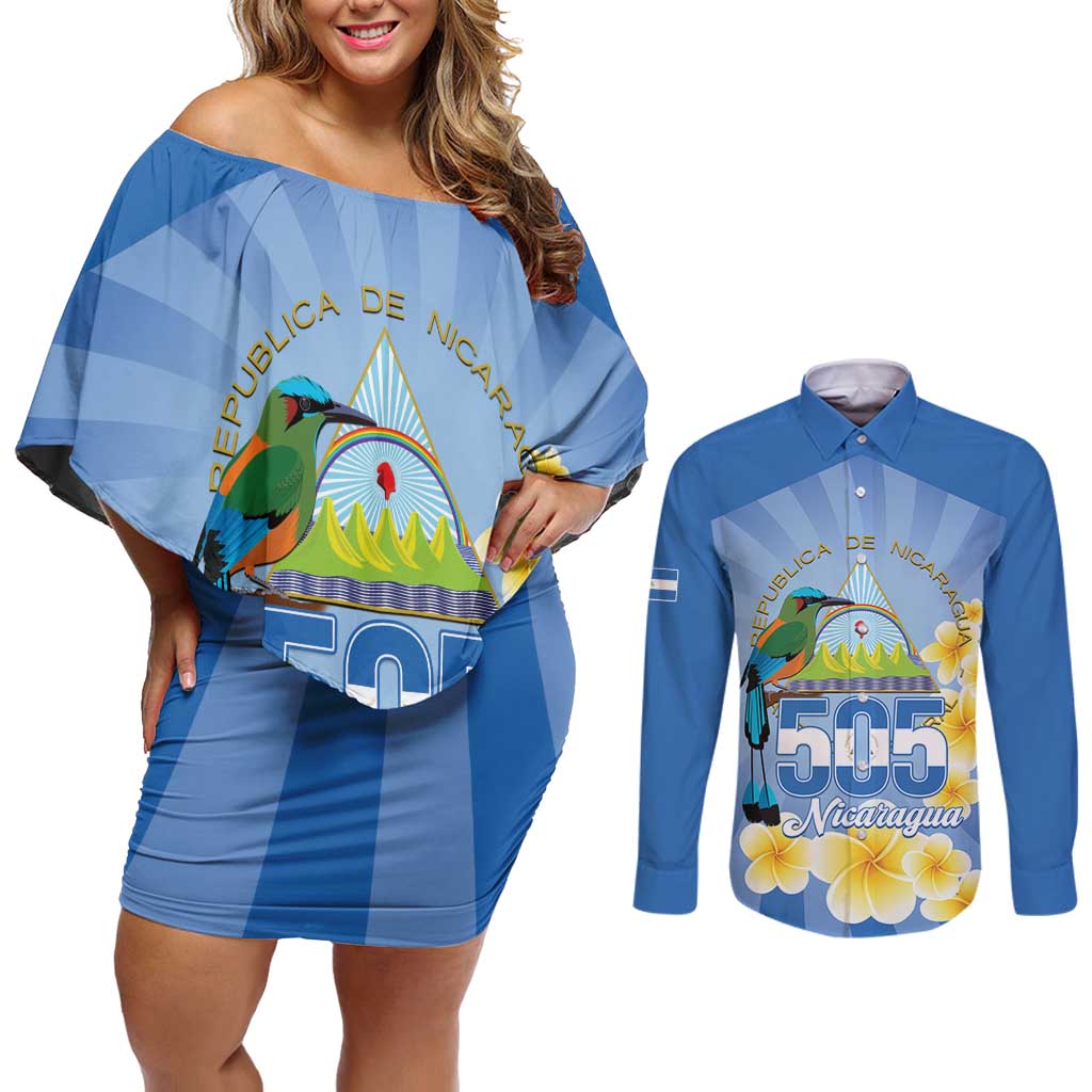 Personalized Nicaragua Independence Day Couples Matching Off Shoulder Short Dress and Long Sleeve Button Shirt 505 Proud Guardabarranco Sacuanjoche - Wonder Print Shop