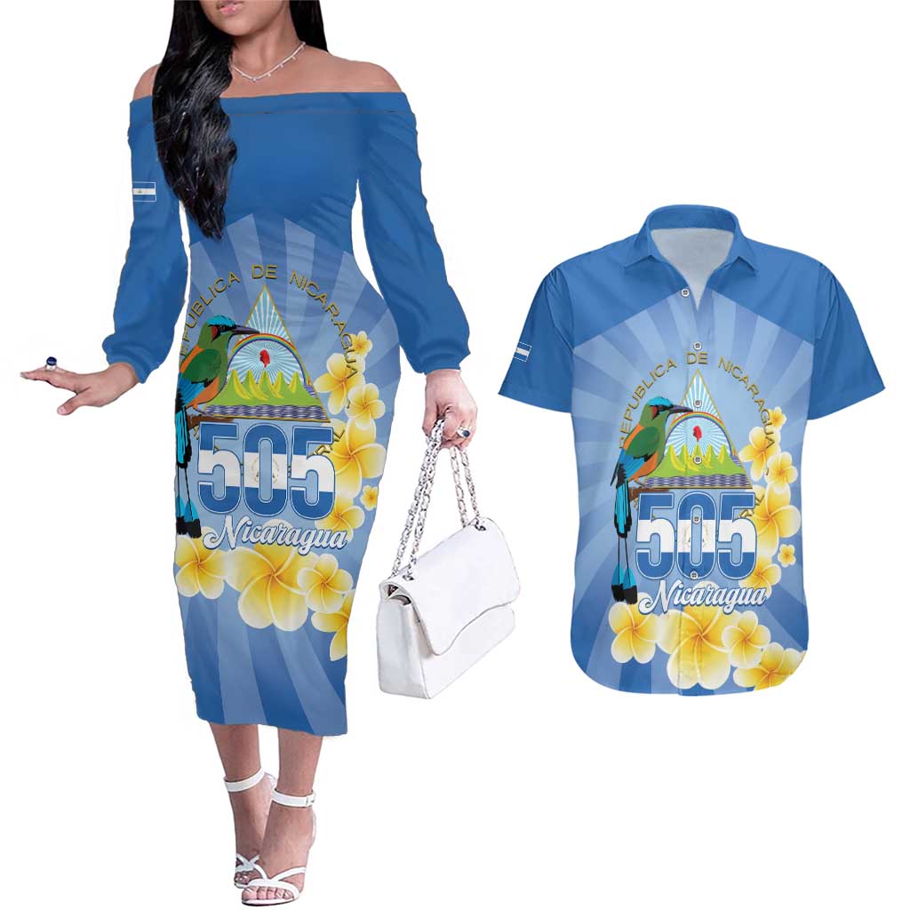 Personalized Nicaragua Independence Day Couples Matching Off The Shoulder Long Sleeve Dress and Hawaiian Shirt 505 Proud Guardabarranco Sacuanjoche - Wonder Print Shop