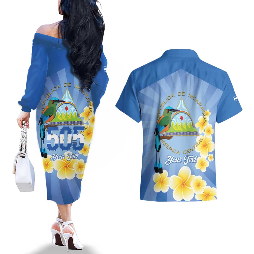 Personalized Nicaragua Independence Day Couples Matching Off The Shoulder Long Sleeve Dress and Hawaiian Shirt 505 Proud Guardabarranco Sacuanjoche - Wonder Print Shop