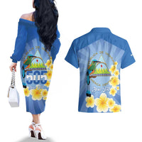 Personalized Nicaragua Independence Day Couples Matching Off The Shoulder Long Sleeve Dress and Hawaiian Shirt 505 Proud Guardabarranco Sacuanjoche - Wonder Print Shop