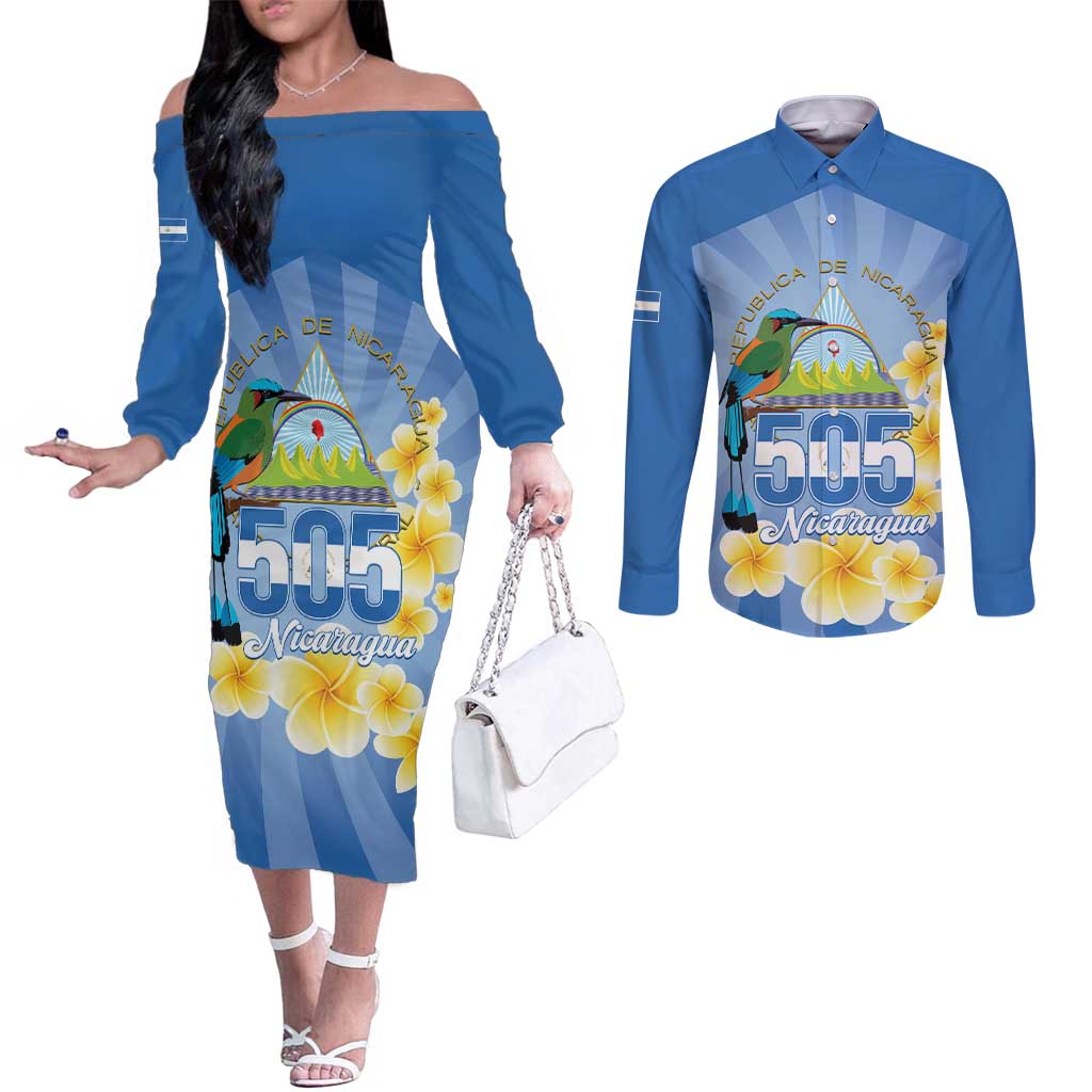 Personalized Nicaragua Independence Day Couples Matching Off The Shoulder Long Sleeve Dress and Long Sleeve Button Shirt 505 Proud Guardabarranco Sacuanjoche - Wonder Print Shop