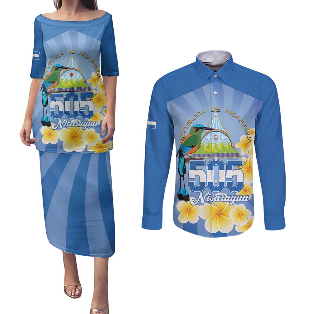 Personalized Nicaragua Independence Day Couples Matching Puletasi and Long Sleeve Button Shirt 505 Proud Guardabarranco Sacuanjoche - Wonder Print Shop