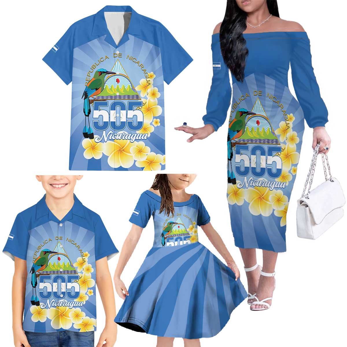 Personalized Nicaragua Independence Day Family Matching Off The Shoulder Long Sleeve Dress and Hawaiian Shirt 505 Proud Guardabarranco Sacuanjoche - Wonder Print Shop