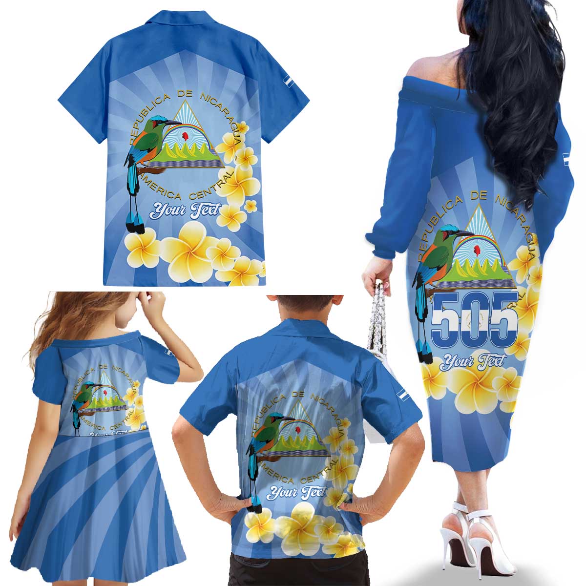 Personalized Nicaragua Independence Day Family Matching Off The Shoulder Long Sleeve Dress and Hawaiian Shirt 505 Proud Guardabarranco Sacuanjoche - Wonder Print Shop