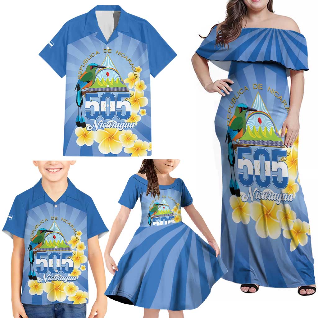 Personalized Nicaragua Independence Day Family Matching Off Shoulder Maxi Dress and Hawaiian Shirt 505 Proud Guardabarranco Sacuanjoche - Wonder Print Shop