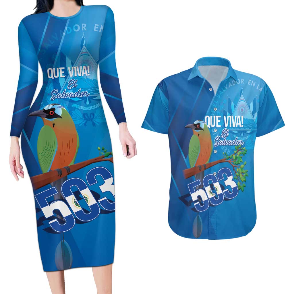 Personalized Que Viva El Salvador Couples Matching Long Sleeve Bodycon Dress and Hawaiian Shirt Guardabarranco 503 Independence Day Proud - Wonder Print Shop