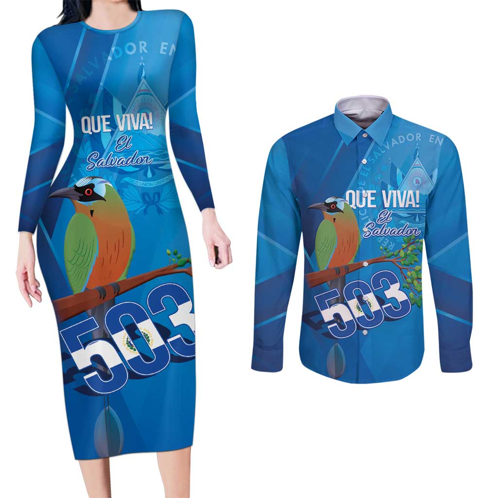 Personalized Que Viva El Salvador Couples Matching Long Sleeve Bodycon Dress and Long Sleeve Button Shirt Guardabarranco 503 Independence Day Proud - Wonder Print Shop