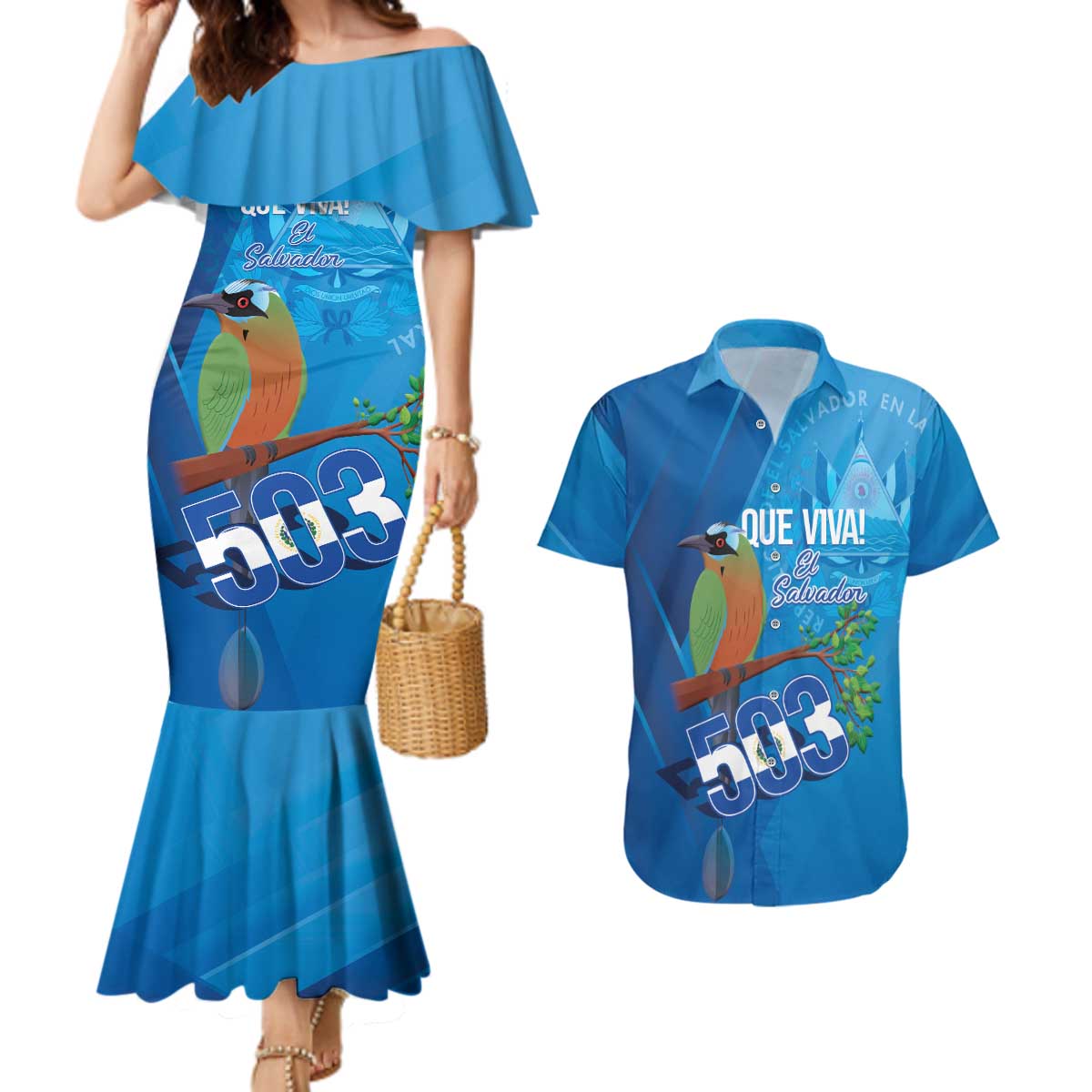 Personalized Que Viva El Salvador Couples Matching Mermaid Dress and Hawaiian Shirt Guardabarranco 503 Independence Day Proud - Wonder Print Shop