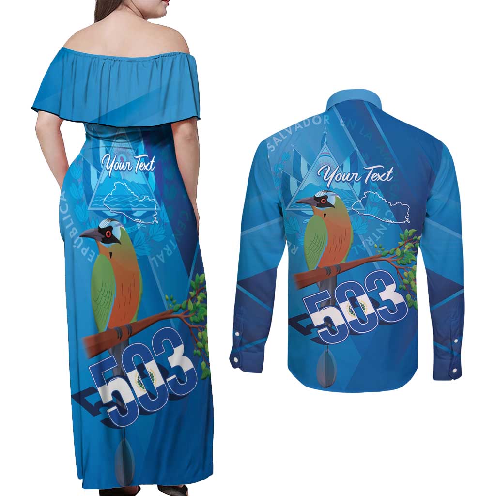 Personalized Que Viva El Salvador Couples Matching Off Shoulder Maxi Dress and Long Sleeve Button Shirt Guardabarranco 503 Independence Day Proud - Wonder Print Shop