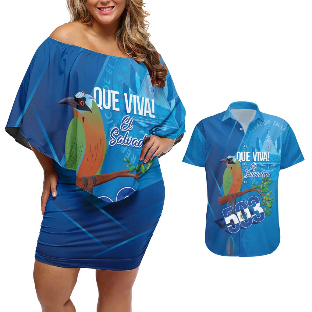 Personalized Que Viva El Salvador Couples Matching Off Shoulder Short Dress and Hawaiian Shirt Guardabarranco 503 Independence Day Proud - Wonder Print Shop