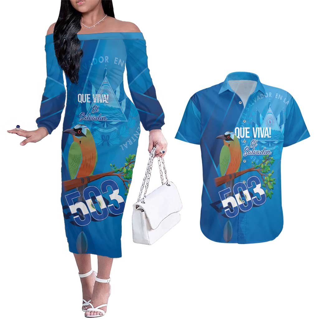 Personalized Que Viva El Salvador Couples Matching Off The Shoulder Long Sleeve Dress and Hawaiian Shirt Guardabarranco 503 Independence Day Proud - Wonder Print Shop