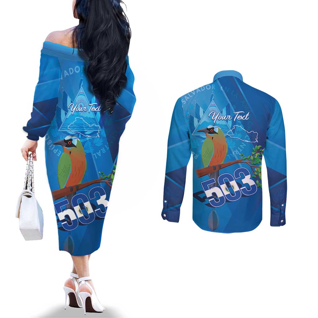 Personalized Que Viva El Salvador Couples Matching Off The Shoulder Long Sleeve Dress and Long Sleeve Button Shirt Guardabarranco 503 Independence Day Proud - Wonder Print Shop