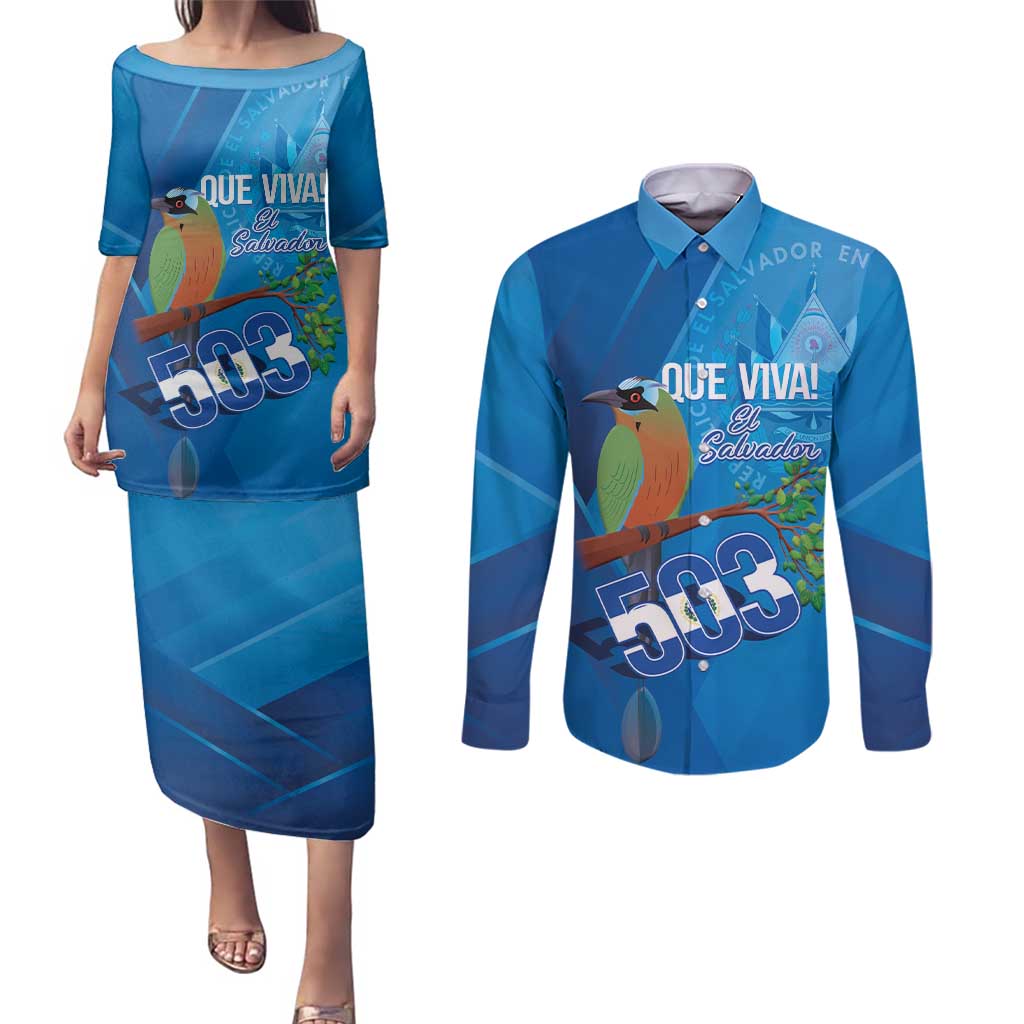 Personalized Que Viva El Salvador Couples Matching Puletasi and Long Sleeve Button Shirt Guardabarranco 503 Independence Day Proud - Wonder Print Shop