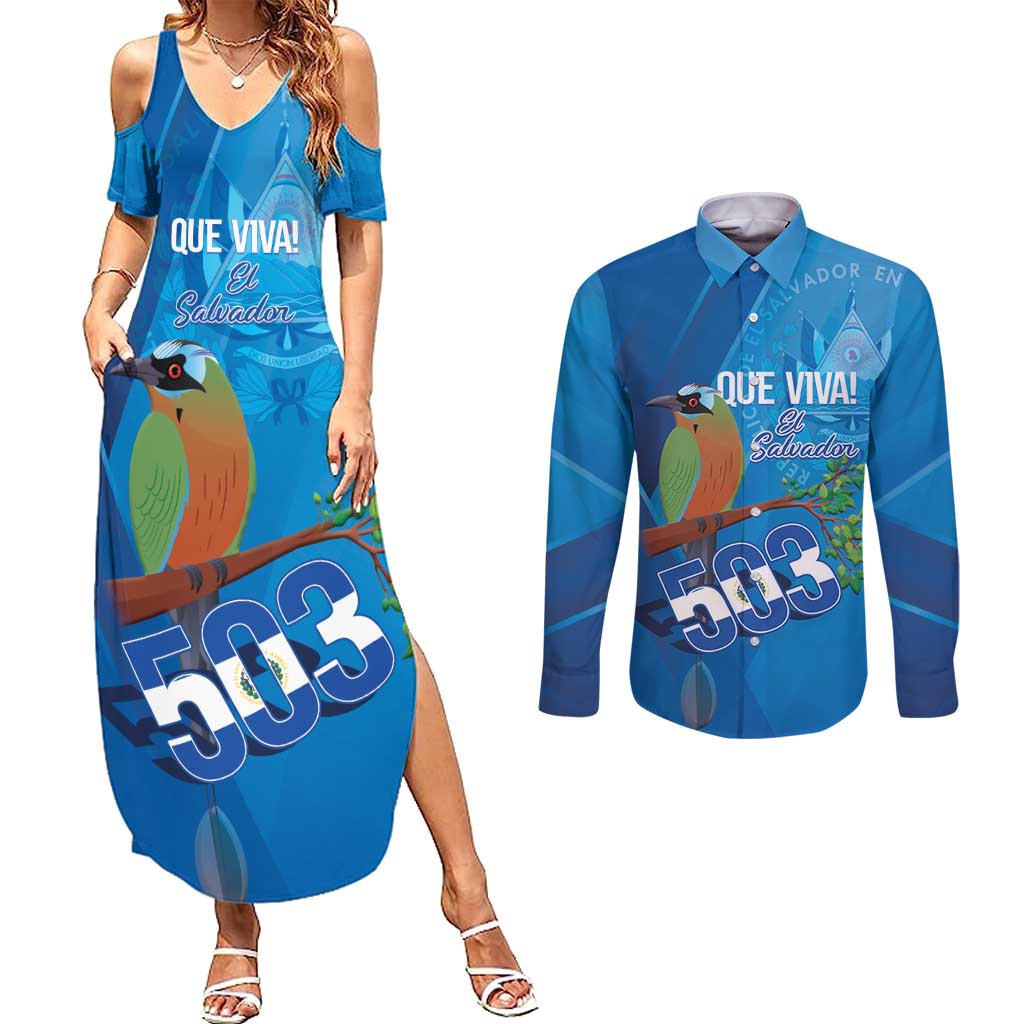 Personalized Que Viva El Salvador Couples Matching Summer Maxi Dress and Long Sleeve Button Shirt Guardabarranco 503 Independence Day Proud - Wonder Print Shop