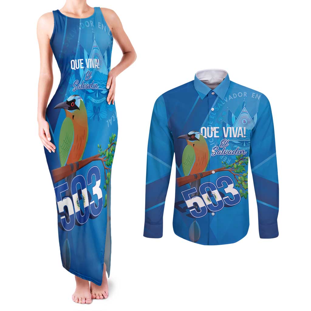 Personalized Que Viva El Salvador Couples Matching Tank Maxi Dress and Long Sleeve Button Shirt Guardabarranco 503 Independence Day Proud - Wonder Print Shop