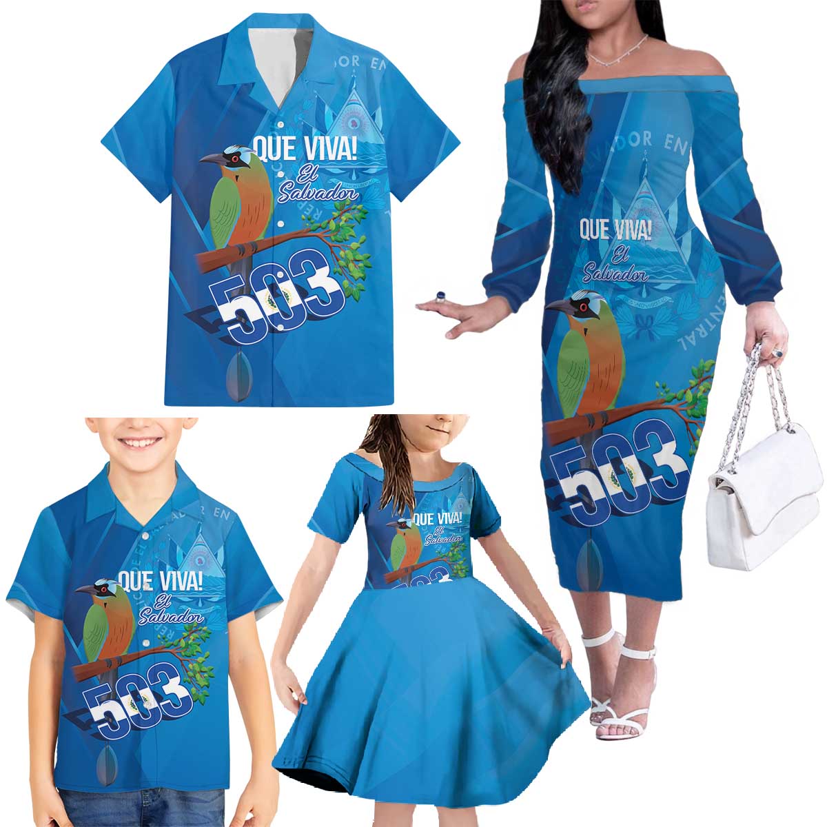 Personalized Que Viva El Salvador Family Matching Off The Shoulder Long Sleeve Dress and Hawaiian Shirt Guardabarranco 503 Independence Day Proud - Wonder Print Shop