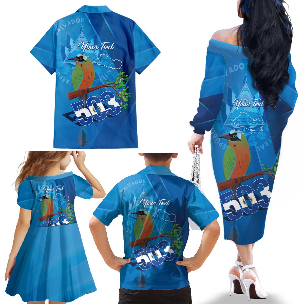 Personalized Que Viva El Salvador Family Matching Off The Shoulder Long Sleeve Dress and Hawaiian Shirt Guardabarranco 503 Independence Day Proud - Wonder Print Shop
