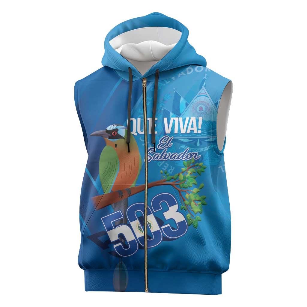 Personalized Que Viva El Salvador Sleeveless Zip Hoodie Guardabarranco 503 Independence Day Proud - Wonder Print Shop