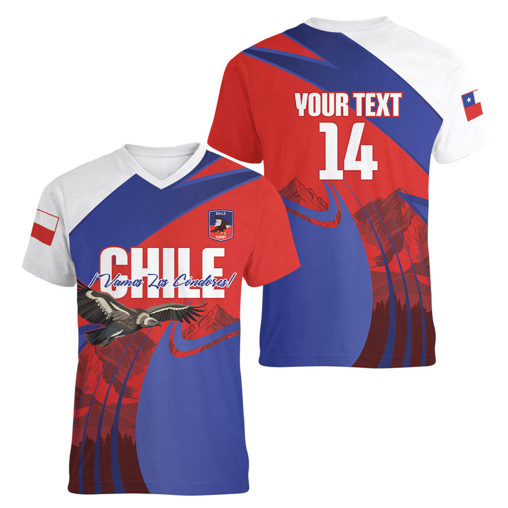 Custom Chile Rugby 2026 Women V-Neck T-Shirt Vamos Los Condores Red Version