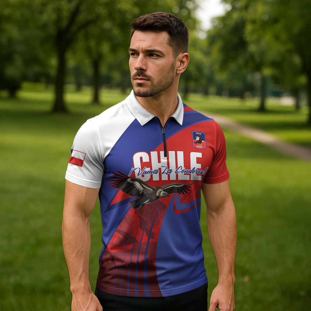Custom Chile Rugby 2026 Zipper Polo Shirt Vamos Los Condores Red Version