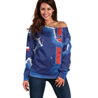 Custom Chile Rugby 2026 Off Shoulder Sweater Vamos Los Condores Grunge Blue Version