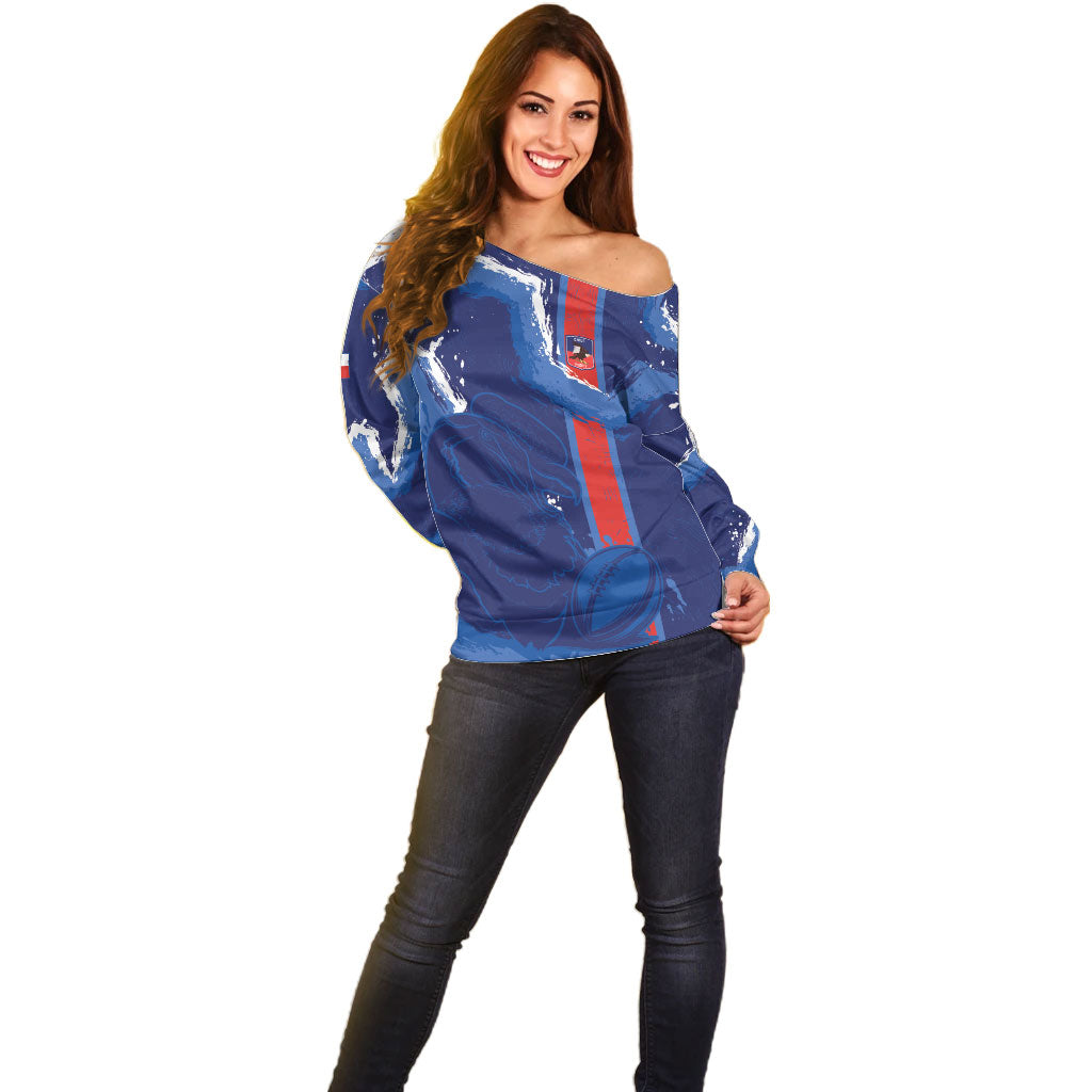 Custom Chile Rugby 2026 Off Shoulder Sweater Vamos Los Condores Grunge Blue Version