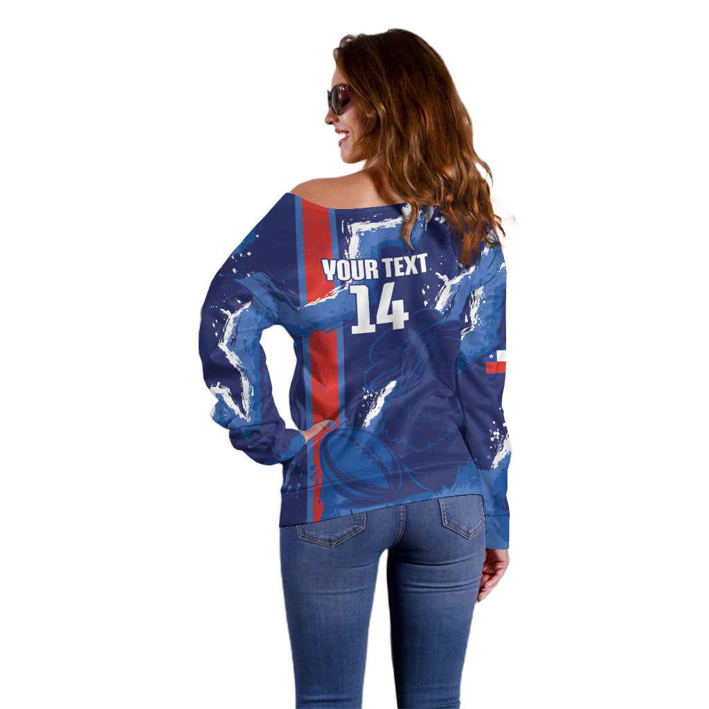 Custom Chile Rugby 2026 Off Shoulder Sweater Vamos Los Condores Grunge Blue Version