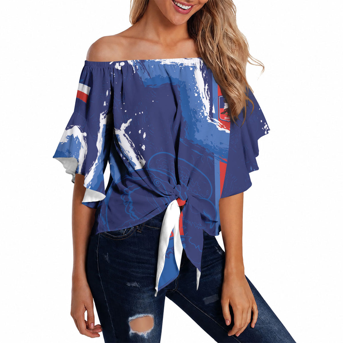 Custom Chile Rugby 2026 Off Shoulder Wrap Waist Top Vamos Los Condores Grunge Blue Version