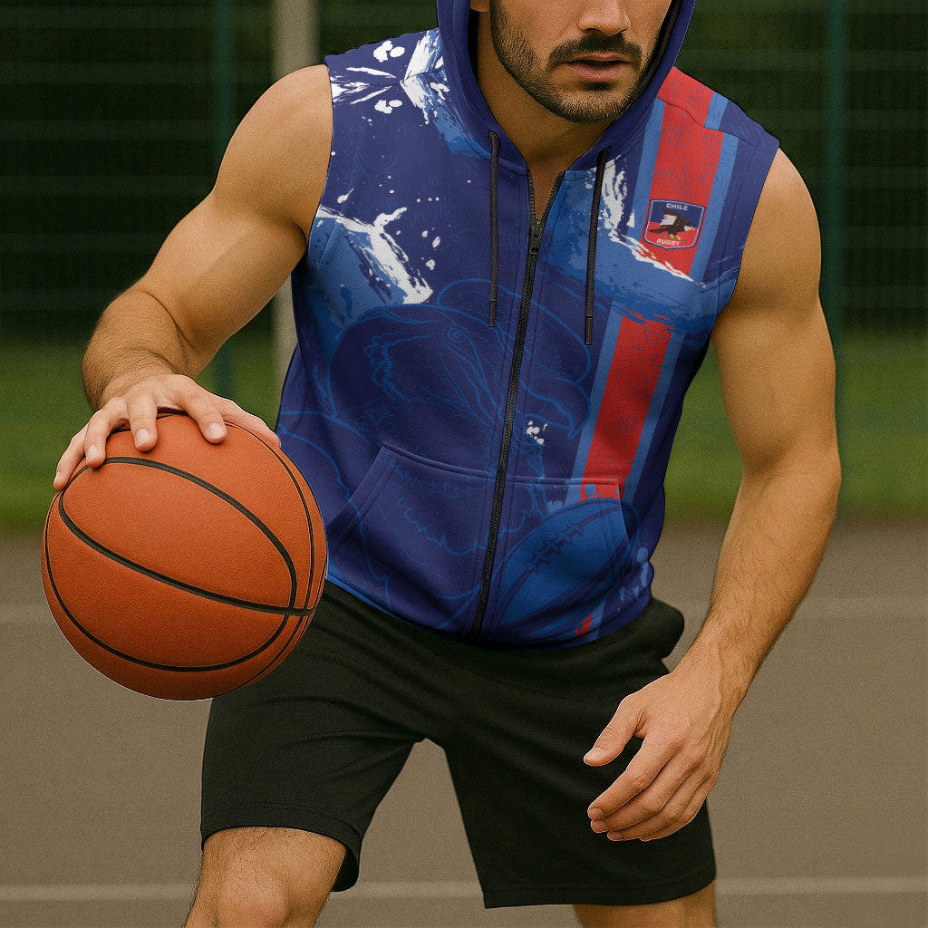 Custom Chile Rugby 2026 Sleeveless Zip Hoodie Vamos Los Condores Grunge Blue Version