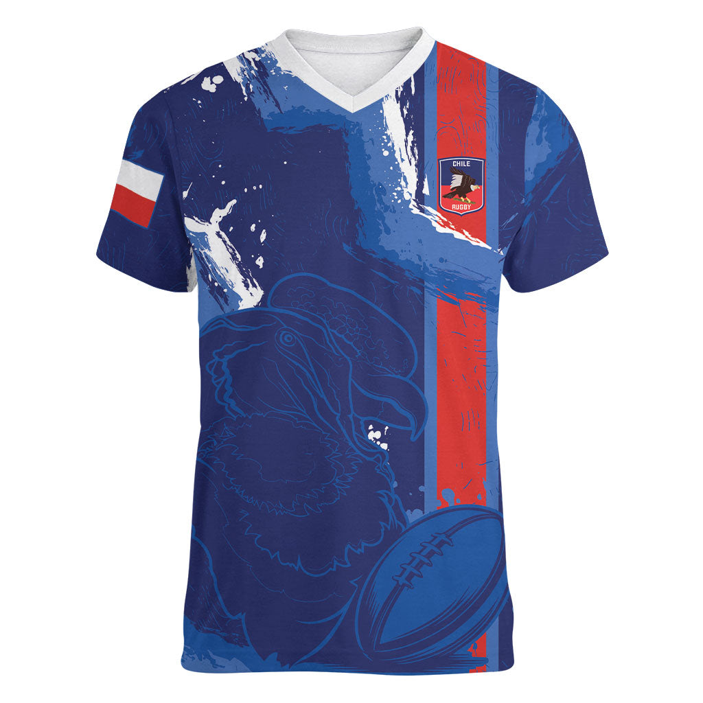 Custom Chile Rugby 2026 Women V-Neck T-Shirt Vamos Los Condores Grunge Blue Version