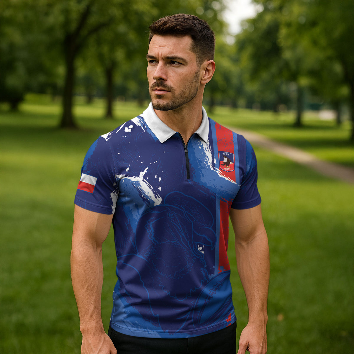 Custom Chile Rugby 2026 Zipper Polo Shirt Vamos Los Condores Grunge Blue Version