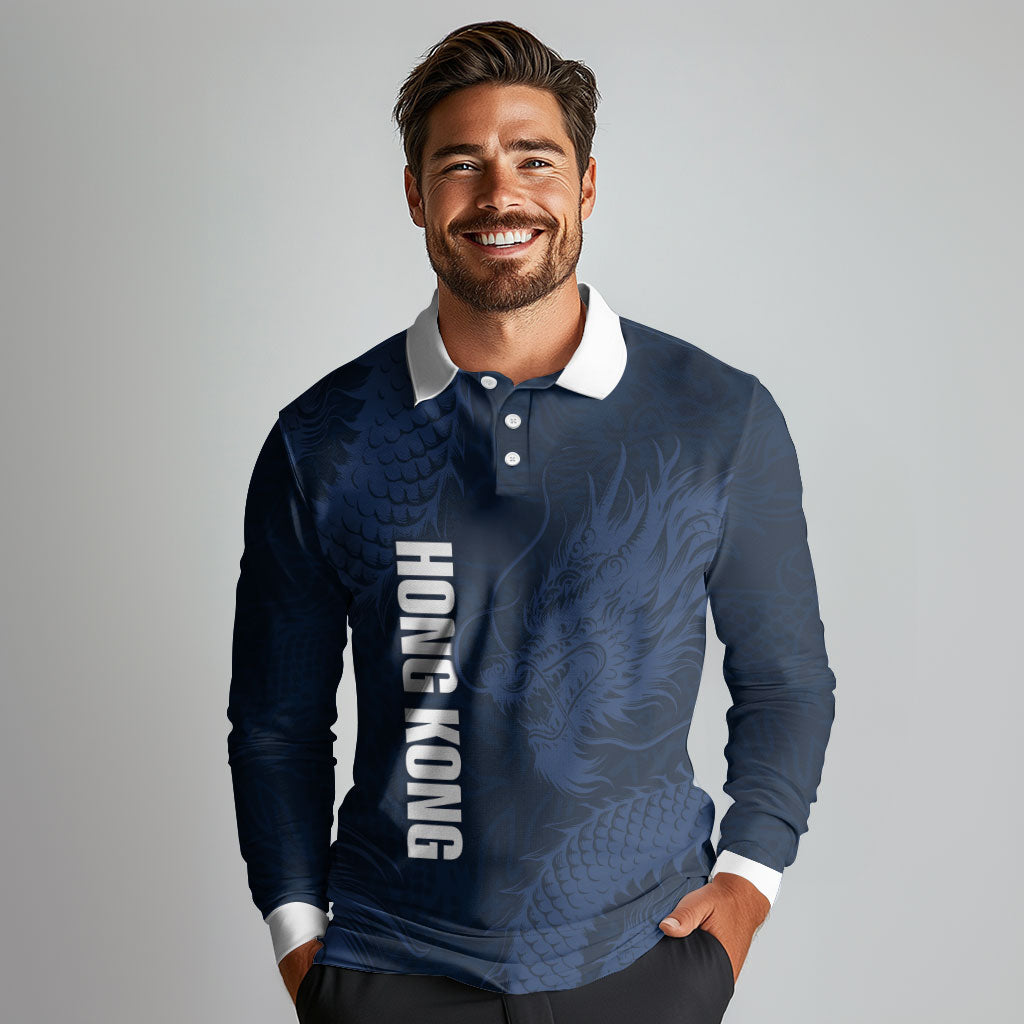 Custom Hong Kong Rugby 2026 Long Sleeve Polo Shirt Go Dragon Blue Version