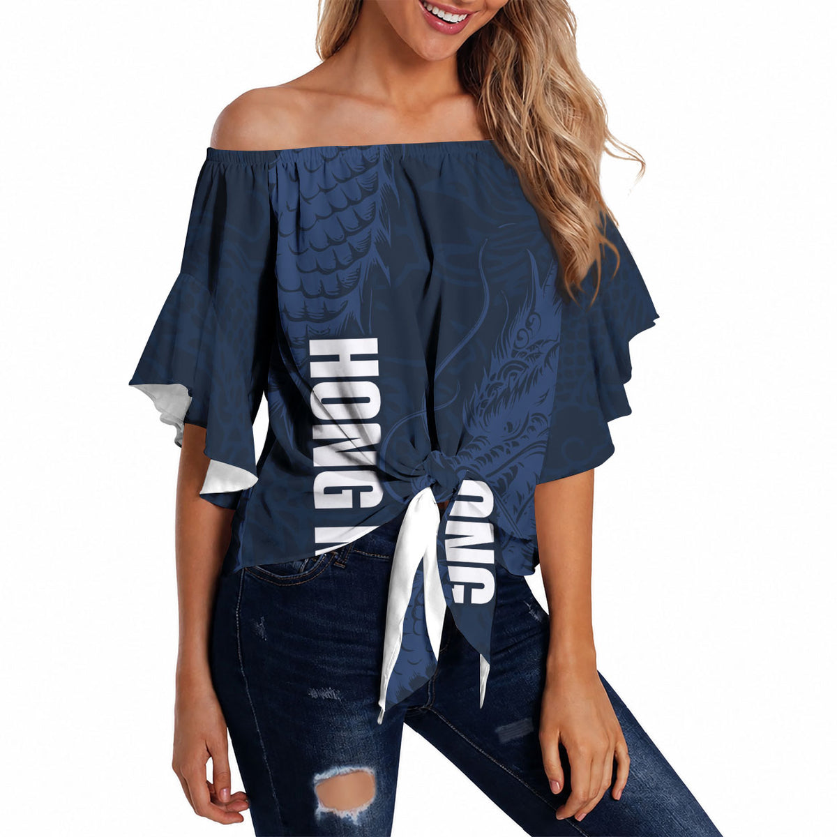 Custom Hong Kong Rugby 2026 Off Shoulder Wrap Waist Top Go Dragon Blue Version