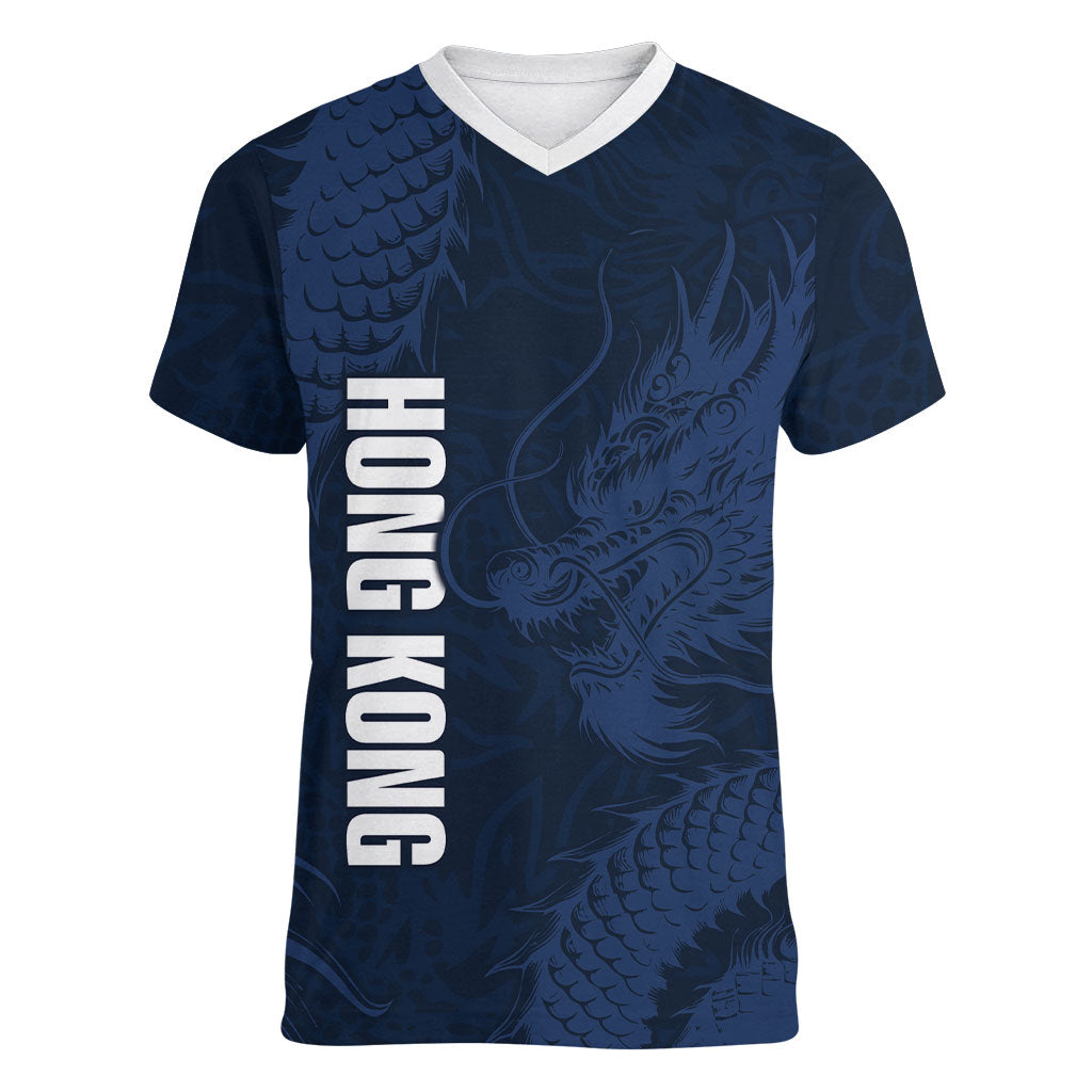 Custom Hong Kong Rugby 2026 Women V-Neck T-Shirt Go Dragon Blue Version