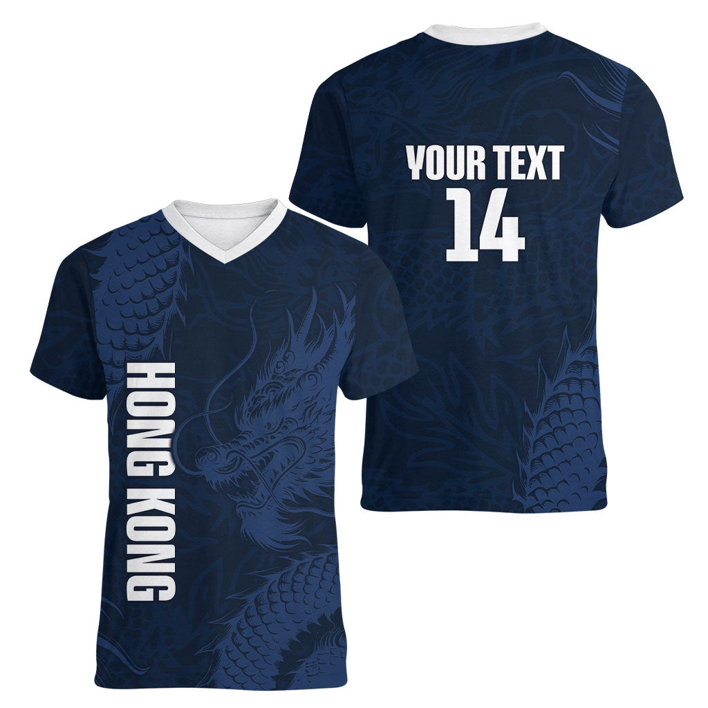 Custom Hong Kong Rugby 2026 Women V-Neck T-Shirt Go Dragon Blue Version