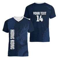 Custom Hong Kong Rugby 2026 Women V-Neck T-Shirt Go Dragon Blue Version