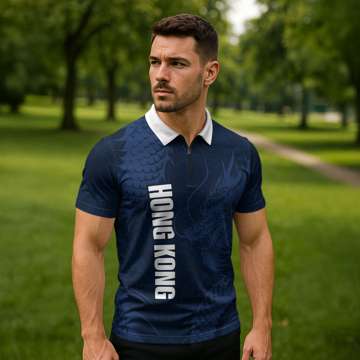 Custom Hong Kong Rugby 2026 Zipper Polo Shirt Go Dragon Blue Version