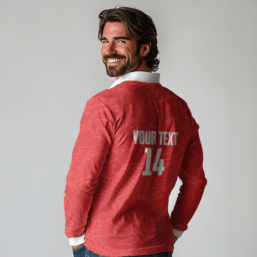 Custom Hong Kong Rugby 2026 Long Sleeve Polo Shirt Go Dragon Red Version