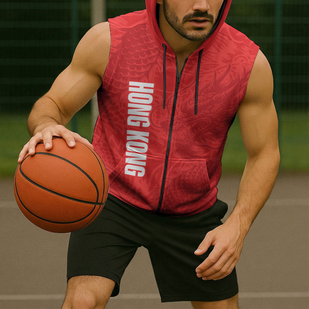 Custom Hong Kong Rugby 2026 Sleeveless Zip Hoodie Go Dragon Red Version